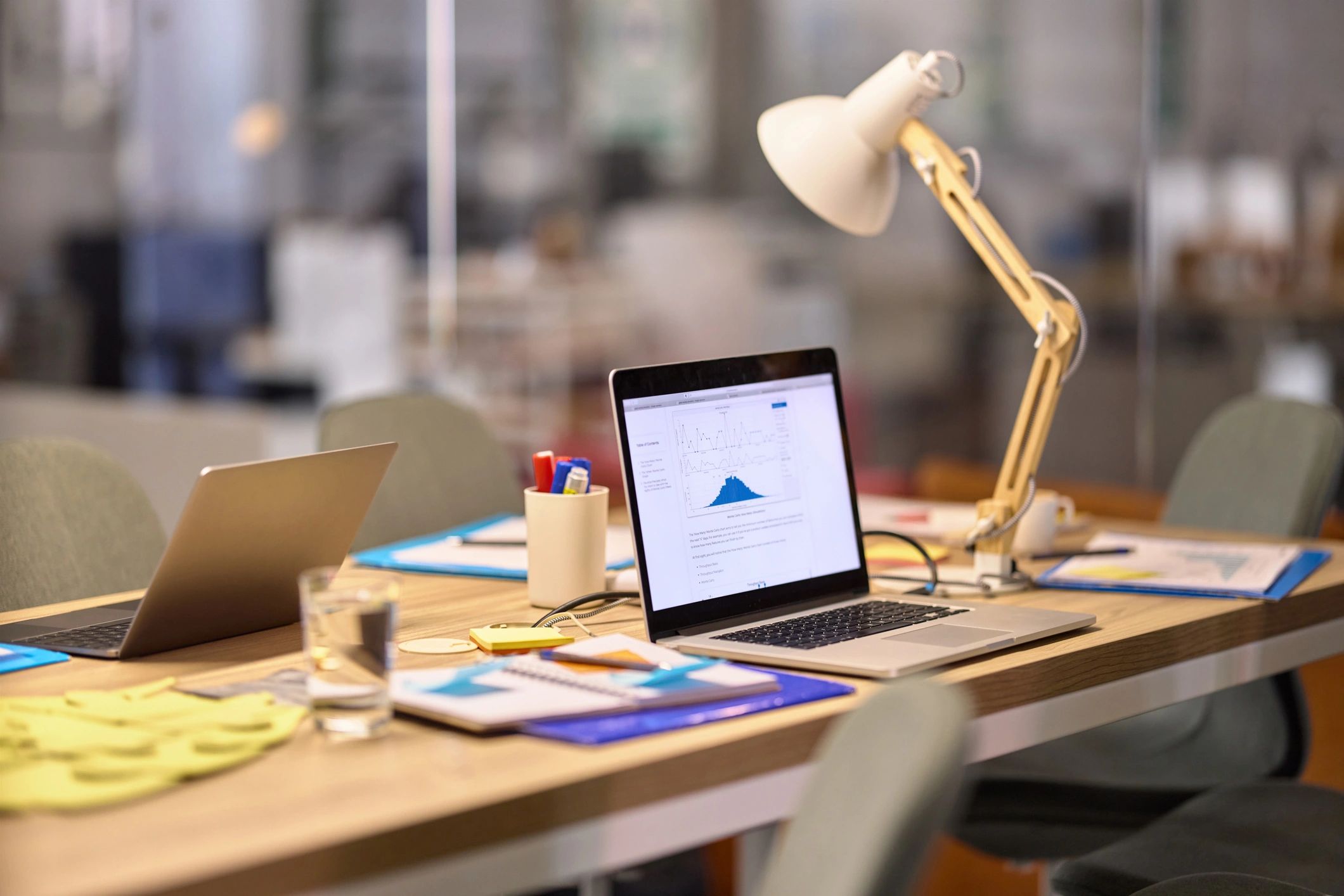 Financial licensing documents and office workspace